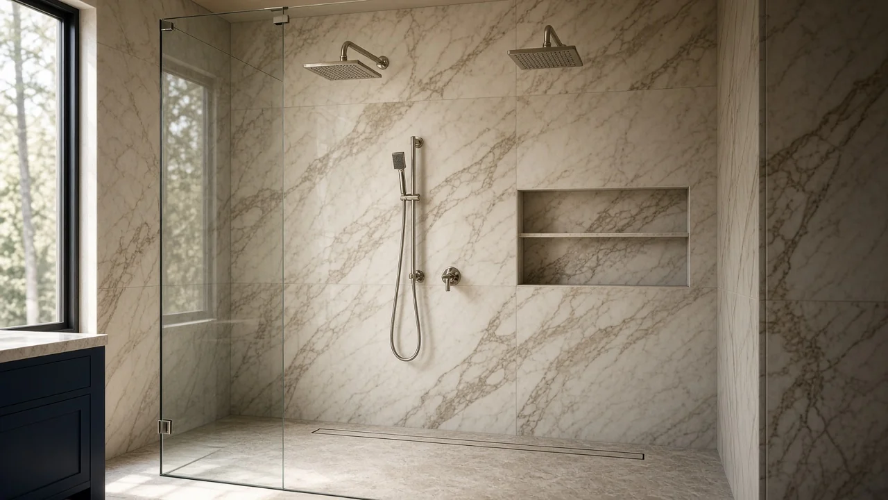 Finished luxury marble walk-in shower with dual rainfall heads in a Santa Rosa Beach custom home
